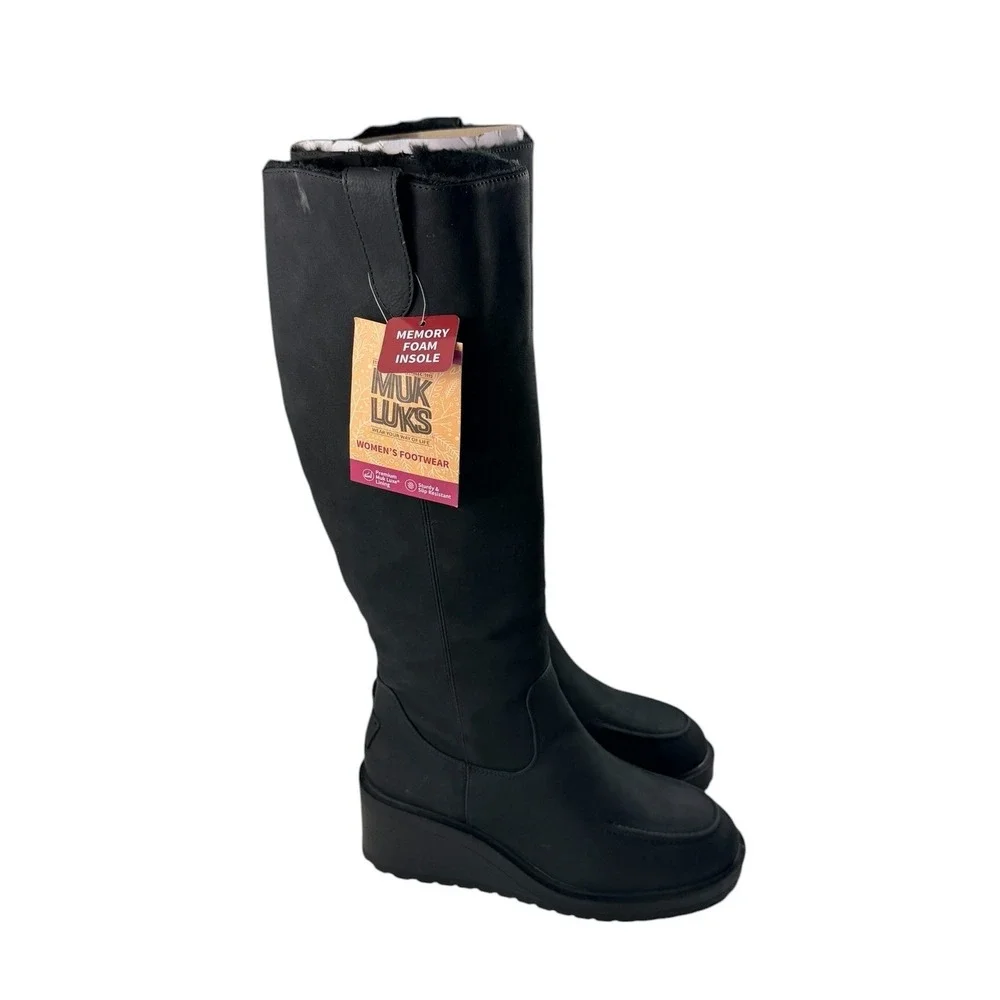 Muk Luks Womens Black Wedge Knee High Boots Memory Foam Size 8.5 NEW